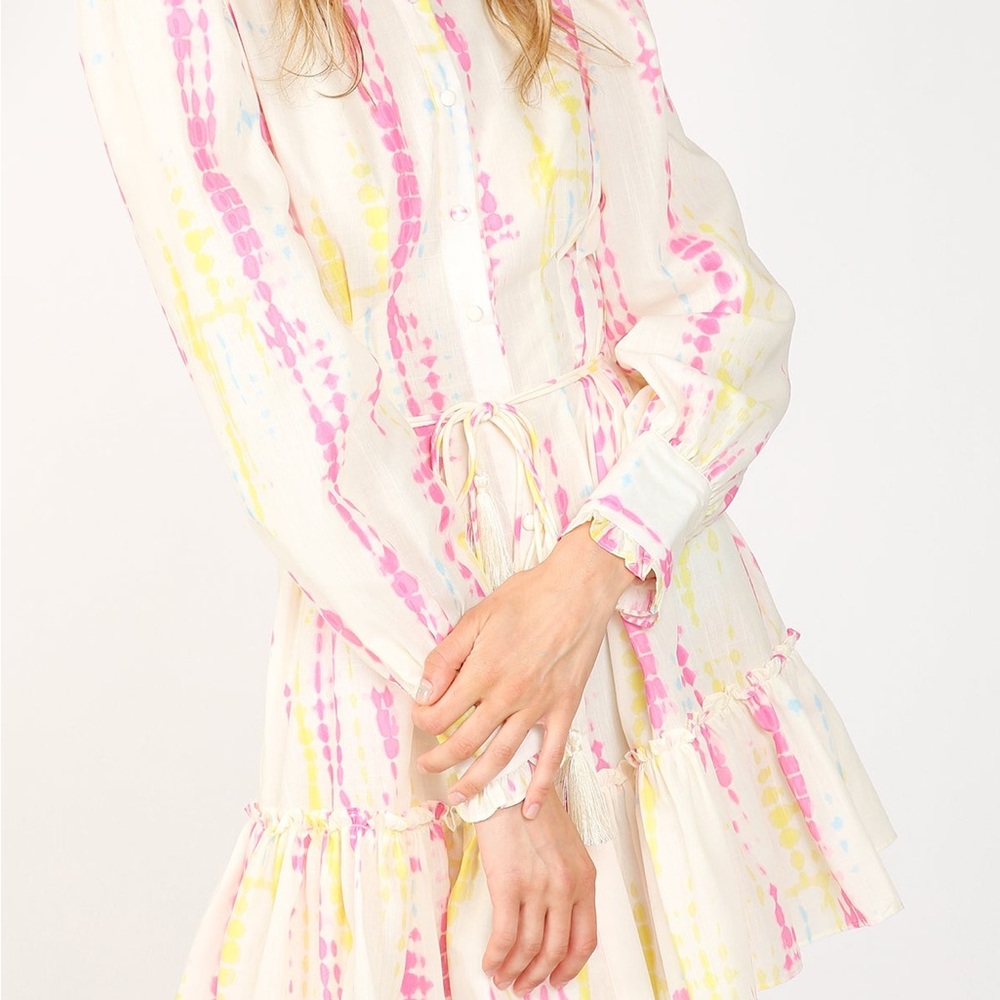 NWT Beulah Women's SZ L Shirt-dress Tie-Dye Bishop Sleeve Tiered Preppy Dress - Picture 6 of 9